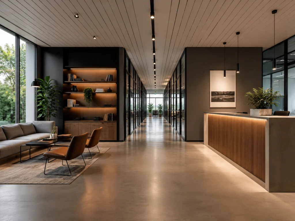Modern corporate office reception with wood panelling, lounge seating and floor-to-ceiling glass