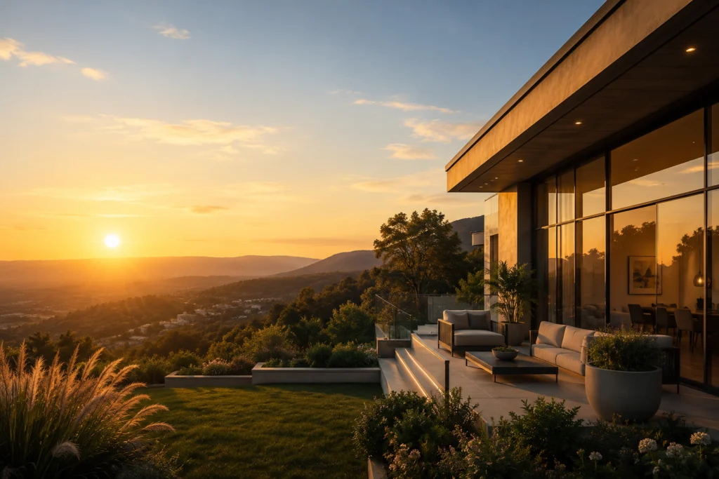 Luxury home terrace at sunset overlooking a valley with modern outdoor lounge seating