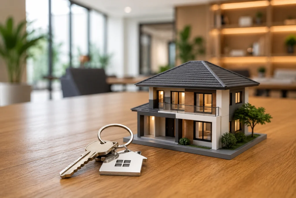 Model house and house-shaped keychain on a table representing home ownership
