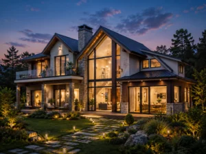 Modern luxury home exterior at twilight with stone facade, gabled roof, large glass windows and landscaped garden lighting