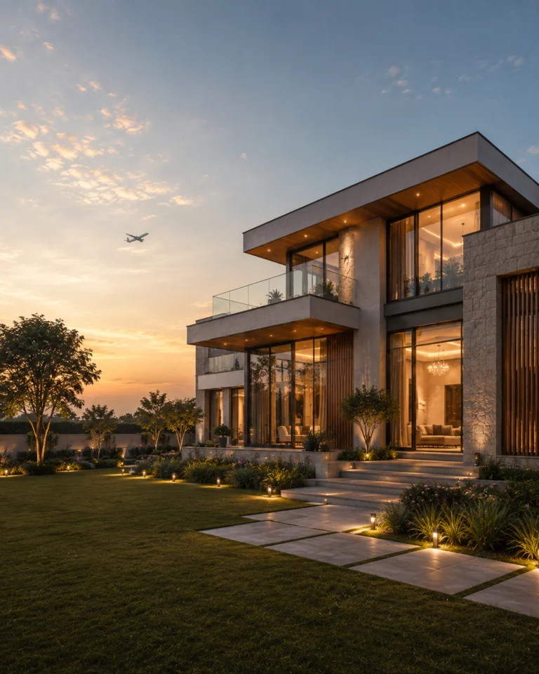 Modern luxury villa exterior at dusk with stone facade, glass walls, garden and pathway lighting