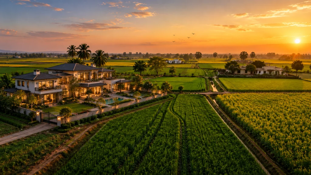 Luxury farmhouse beside lush green Indian crop fields at sunset with palm trees