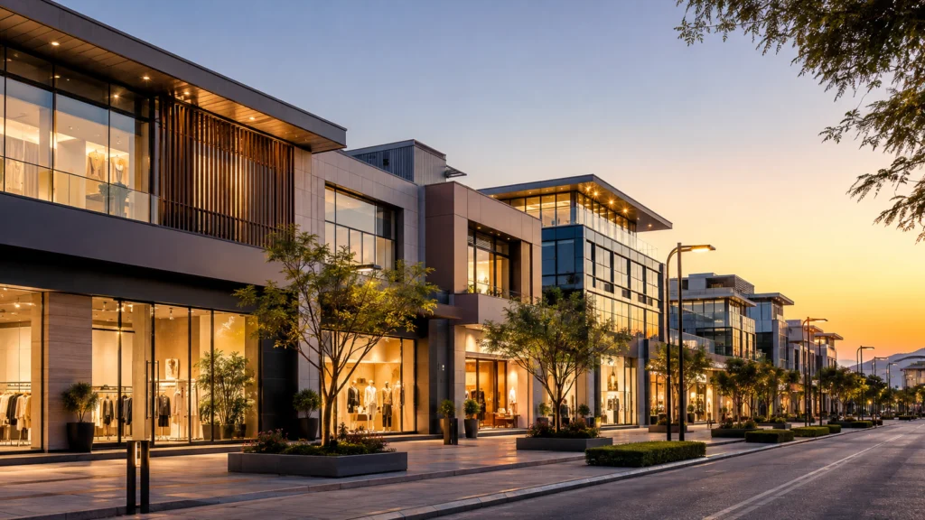 Modern commercial street with glass-fronted retail showrooms and offices at golden hour