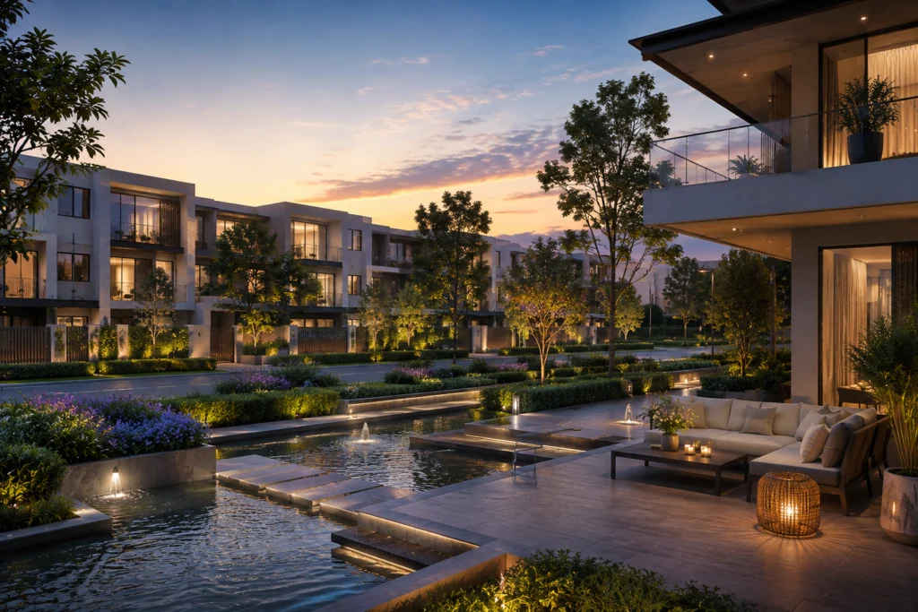 Premium residential apartments at dusk with landscaped gardens, water features and lit balconies