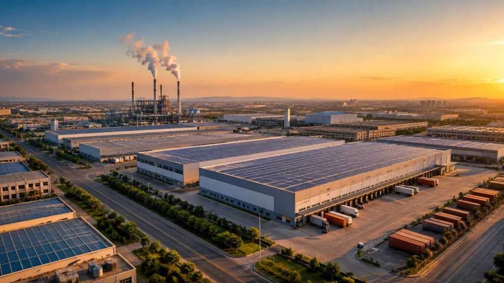 Aerial view of industrial estate with solar-roofed warehouses, factory chimneys and loading docks