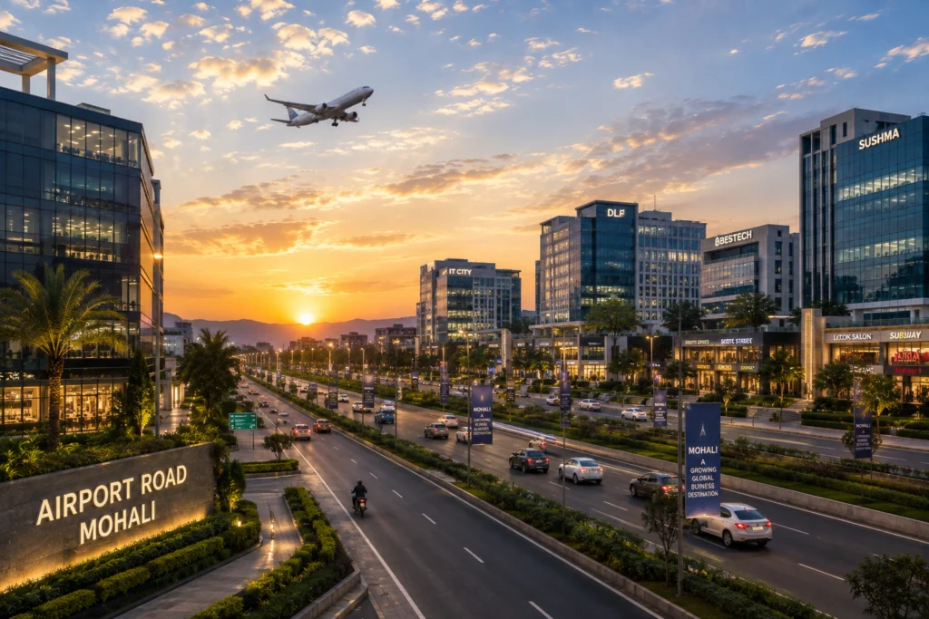 Airport Road Mohali at sunset with commercial towers, traffic and an aircraft overhead